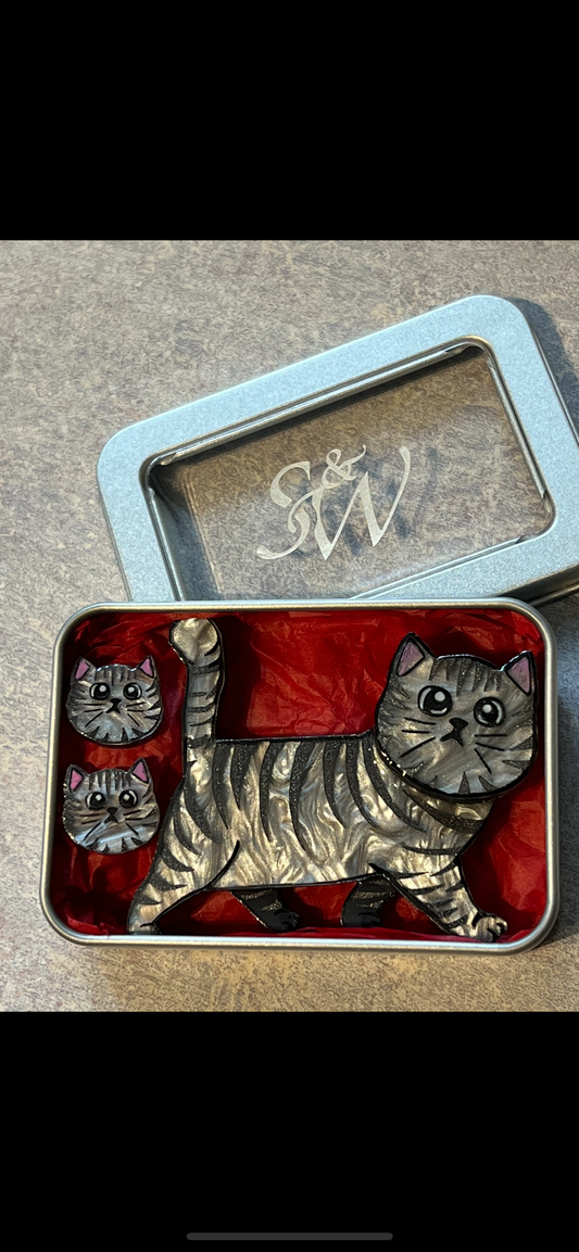 Tom Set - Tabby cat/ brooch + studs - new release.