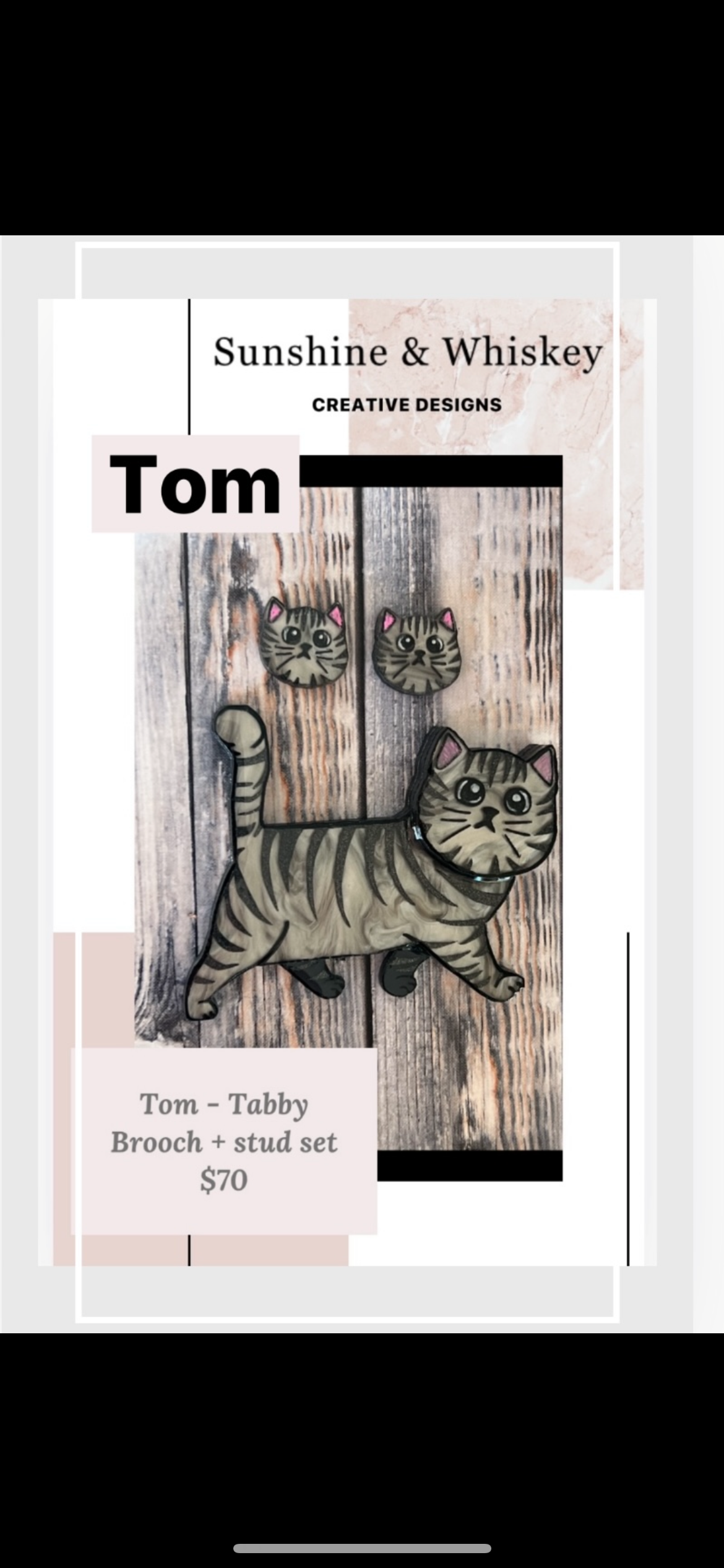 Tom Set - Tabby cat/ brooch + studs - new release.